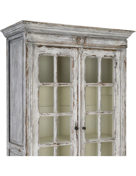 Grand Buffet Vaisselier Campagne chic Haut 2 portes Bois recyclé Blanc crème Patiné Verre Transparent Whinora 
