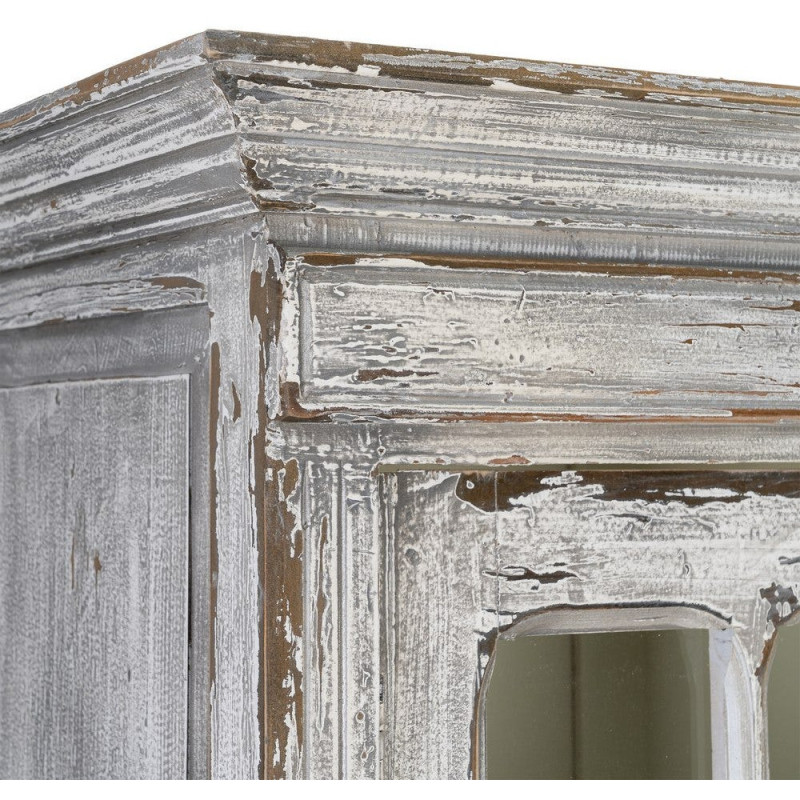Grand Buffet Vaisselier Campagne chic Haut 2 portes Bois recyclé Blanc crème Patiné Verre Transparent Whinora 