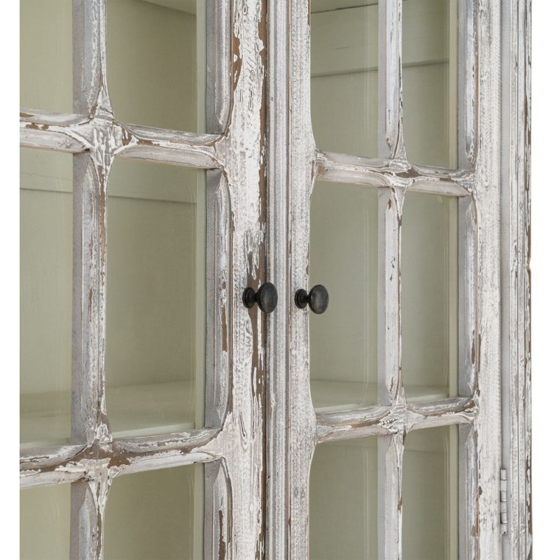 Grand Buffet Vaisselier Campagne chic Haut 2 portes Bois recyclé Blanc crème Patiné Verre Transparent Whinora 
