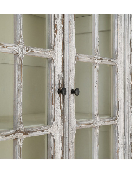 Grand Buffet Vaisselier Campagne chic Haut 2 portes Bois recyclé Blanc crème Patiné Verre Transparent Whinora 