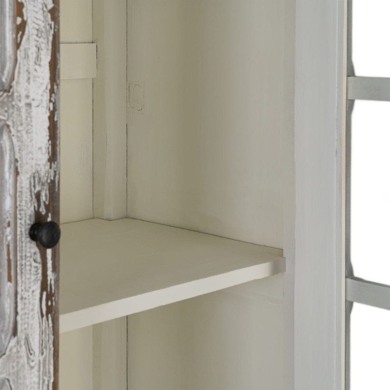 Grand Buffet Vaisselier Campagne chic Haut 2 portes Bois recyclé Blanc crème Patiné Verre Transparent Whinora 