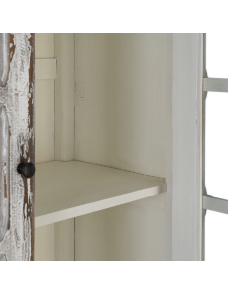 Grand Buffet Vaisselier Campagne chic Haut 2 portes Bois recyclé Blanc crème Patiné Verre Transparent Whinora 