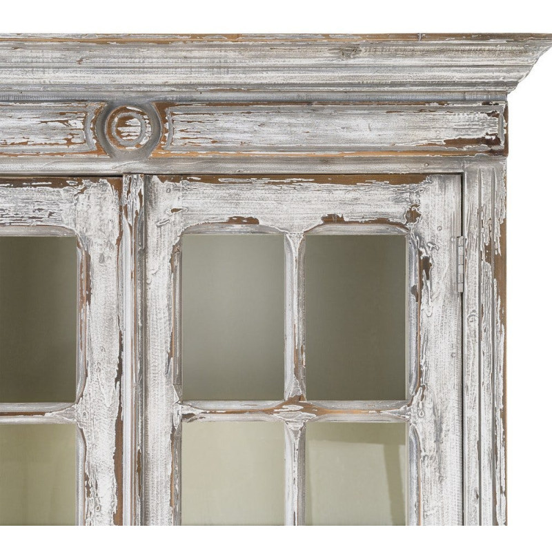 Grand Buffet Vaisselier Campagne chic Haut 2 portes Bois recyclé Blanc crème Patiné Verre Transparent Whinora 