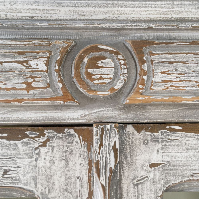 Grand Buffet Vaisselier Campagne chic Haut 2 portes Bois recyclé Blanc crème Patiné Verre Transparent Whinora 