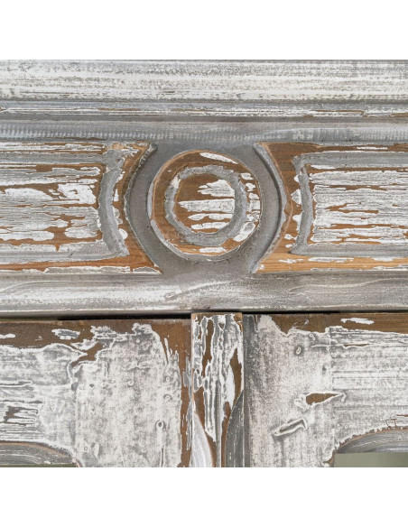 Grand Buffet Vaisselier Campagne chic Haut 2 portes Bois recyclé Blanc crème Patiné Verre Transparent Whinora 