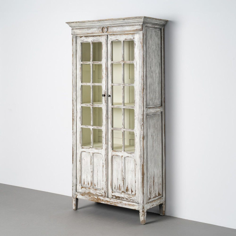 Grand Buffet Vaisselier Campagne chic Haut 2 portes Bois recyclé Blanc crème Patiné Verre Transparent Whinora 