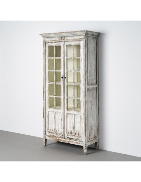 Grand Buffet Vaisselier Campagne chic Haut 2 portes Bois recyclé Blanc crème Patiné Verre Transparent Whinora 