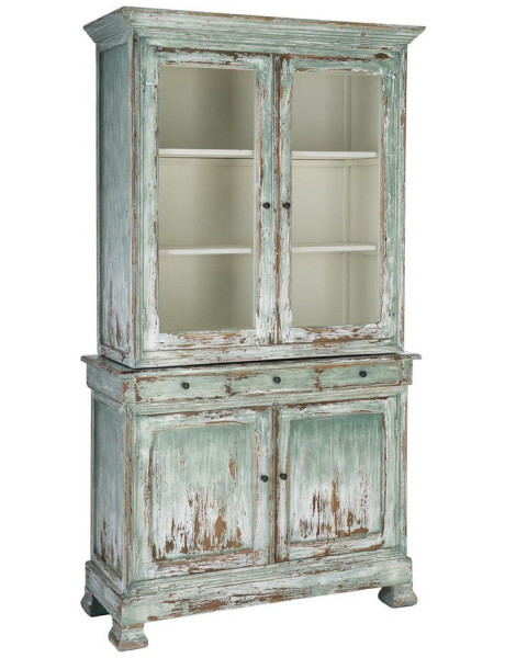 Grand Buffet Vaisselier bohème ethnique Haut 4 portes 3 tiroirs Bois recyclé Vert Patiné Verre Transparent Verdenzio 