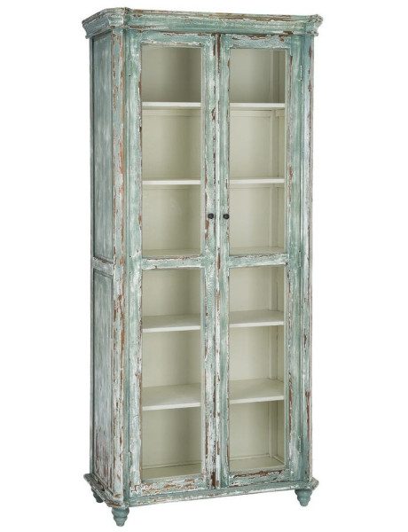 Grand Buffet Vaisselier bohème ethnique Haut 2 portes Bois recyclé Vert Patiné Verre Transparent Verdenzio 