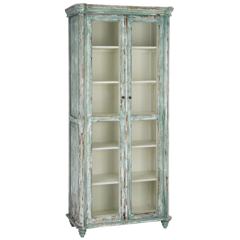 Grand Buffet Vaisselier bohème ethnique Haut 2 portes Bois recyclé Vert Patiné Verre Transparent Verdenzio 