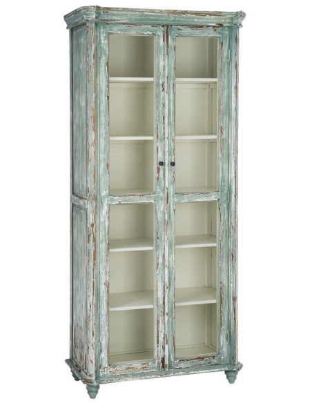 Grand Buffet Vaisselier bohème ethnique Haut 2 portes Bois recyclé Vert Patiné Verre Transparent Verdenzio 