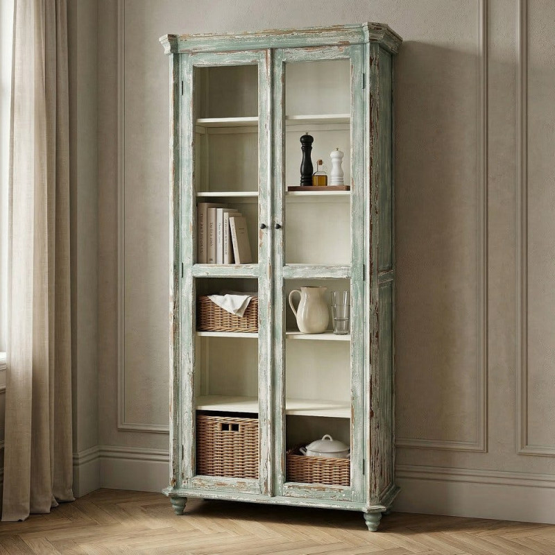 Grand Buffet Vaisselier bohème ethnique Haut 2 portes Bois recyclé Vert Patiné Verre Transparent Verdenzio 