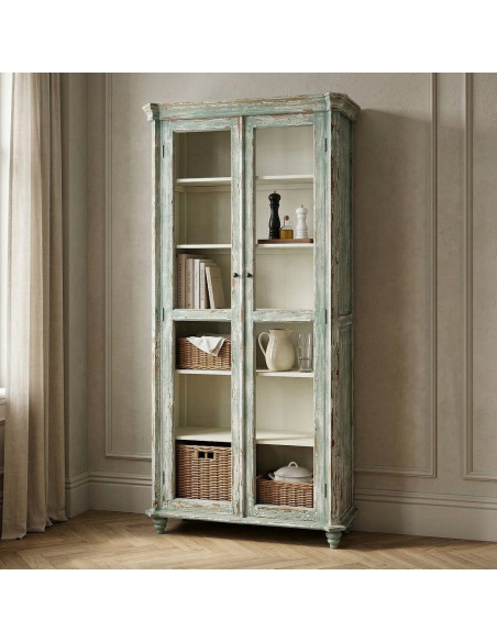 Grand Buffet Vaisselier bohème ethnique Haut 2 portes Bois recyclé Vert Patiné Verre Transparent Verdenzio 