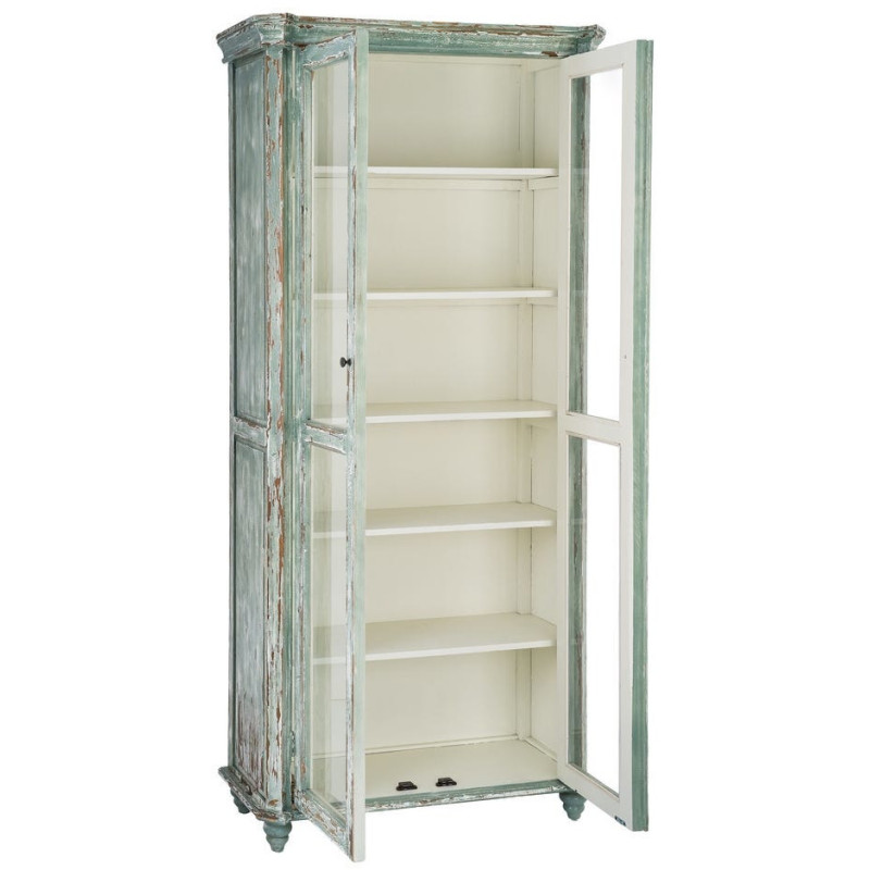Grand Buffet Vaisselier bohème ethnique Haut 2 portes Bois recyclé Vert Patiné Verre Transparent Verdenzio 