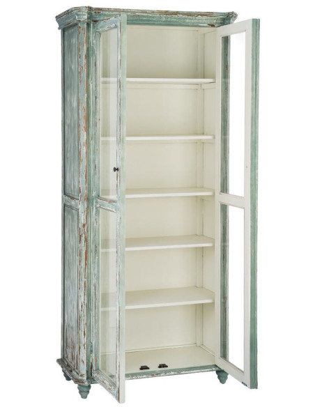 Grand Buffet Vaisselier bohème ethnique Haut 2 portes Bois recyclé Vert Patiné Verre Transparent Verdenzio 