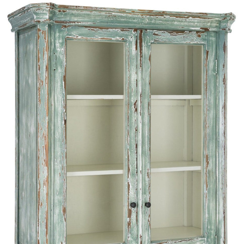 Grand Buffet Vaisselier bohème ethnique Haut 2 portes Bois recyclé Vert Patiné Verre Transparent Verdenzio 