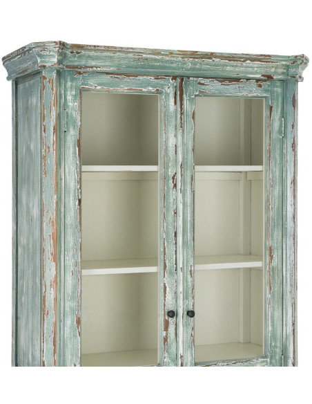 Grand Buffet Vaisselier bohème ethnique Haut 2 portes Bois recyclé Vert Patiné Verre Transparent Verdenzio 
