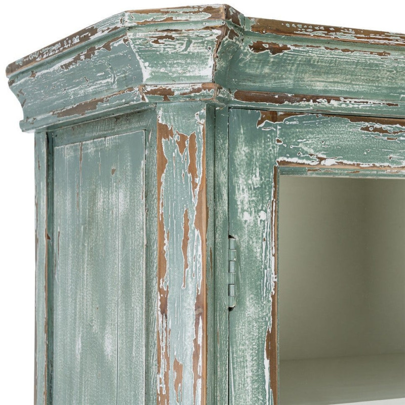 Grand Buffet Vaisselier bohème ethnique Haut 2 portes Bois recyclé Vert Patiné Verre Transparent Verdenzio 