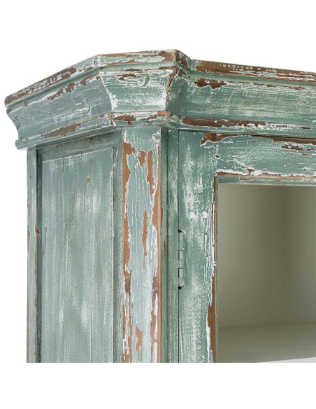 Grand Buffet Vaisselier bohème ethnique Haut 2 portes Bois recyclé Vert Patiné Verre Transparent Verdenzio 