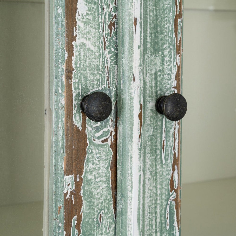 Grand Buffet Vaisselier bohème ethnique Haut 2 portes Bois recyclé Vert Patiné Verre Transparent Verdenzio 