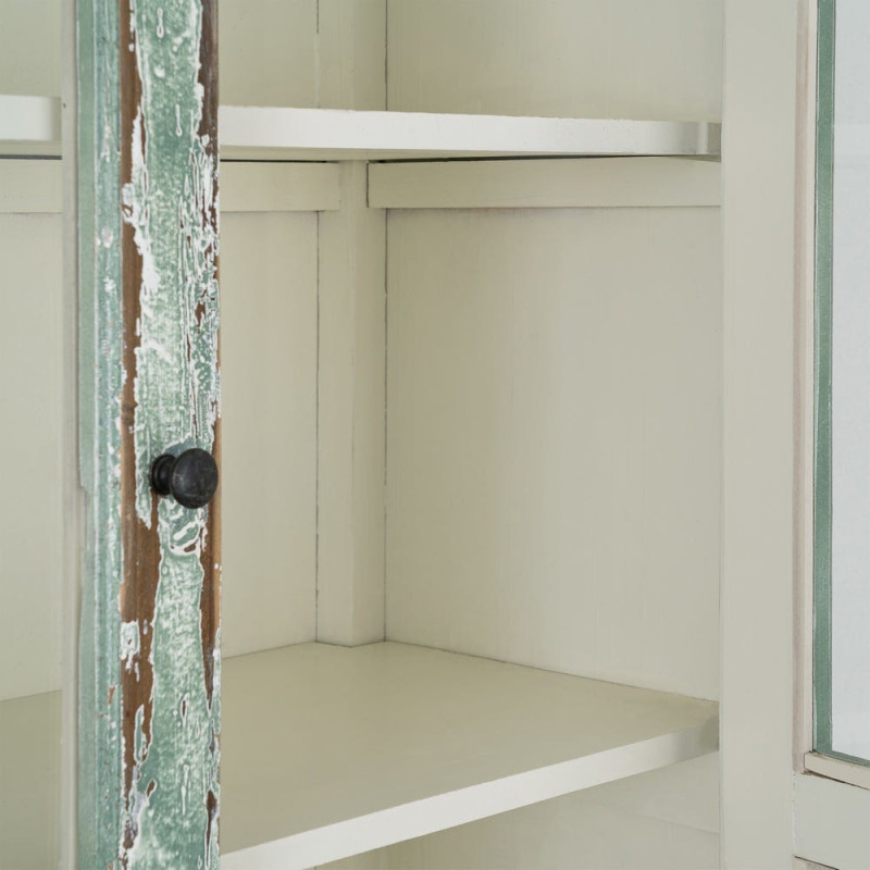 Grand Buffet Vaisselier bohème ethnique Haut 2 portes Bois recyclé Vert Patiné Verre Transparent Verdenzio 