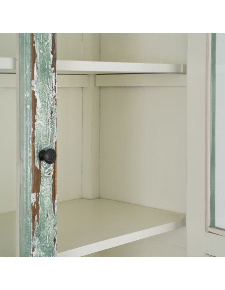 Grand Buffet Vaisselier bohème ethnique Haut 2 portes Bois recyclé Vert Patiné Verre Transparent Verdenzio 