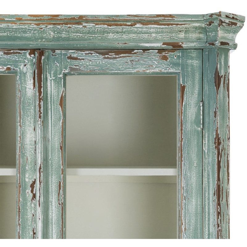 Grand Buffet Vaisselier bohème ethnique Haut 2 portes Bois recyclé Vert Patiné Verre Transparent Verdenzio 