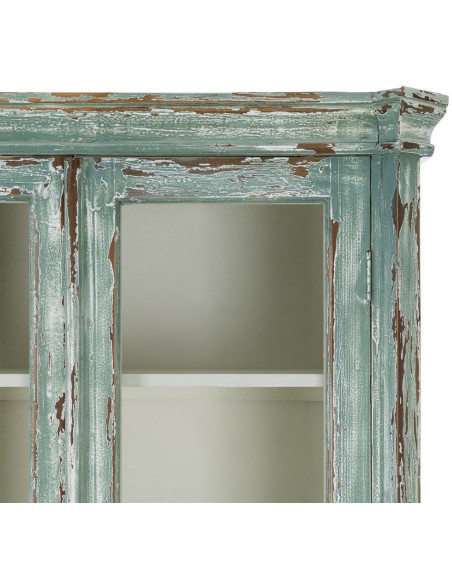 Grand Buffet Vaisselier bohème ethnique Haut 2 portes Bois recyclé Vert Patiné Verre Transparent Verdenzio 