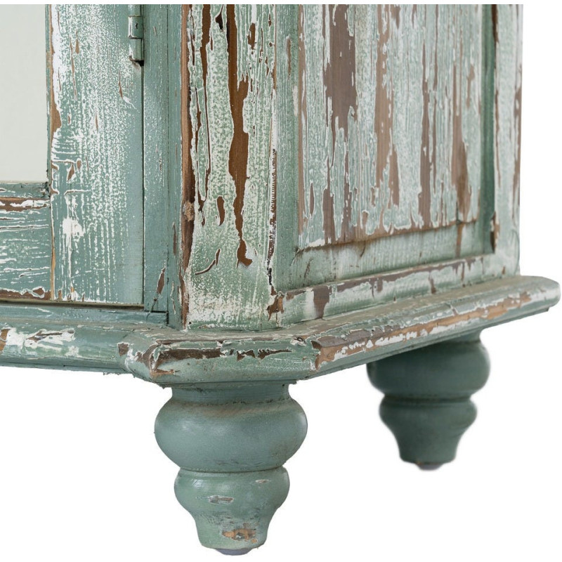 Grand Buffet Vaisselier bohème ethnique Haut 2 portes Bois recyclé Vert Patiné Verre Transparent Verdenzio 
