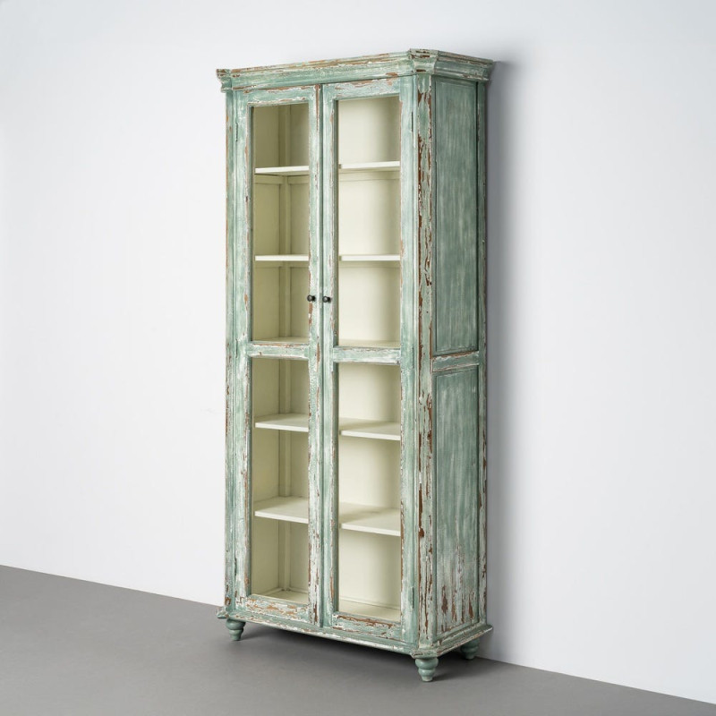 Grand Buffet Vaisselier bohème ethnique Haut 2 portes Bois recyclé Vert Patiné Verre Transparent Verdenzio 