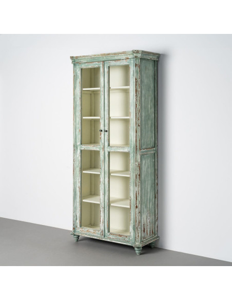 Grand Buffet Vaisselier bohème ethnique Haut 2 portes Bois recyclé Vert Patiné Verre Transparent Verdenzio 
