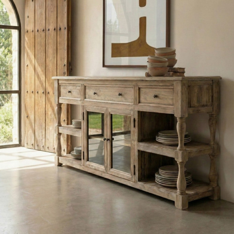 Grande Console campagne chic Rectangulaire 2 portes 3 tiroirs 4 étagères 180 cm Bois de pin recyclé Naturel Riverla 