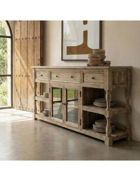 Grande Console campagne chic Rectangulaire 2 portes 3 tiroirs 4 étagères 180 cm Bois de pin recyclé Naturel Riverla 