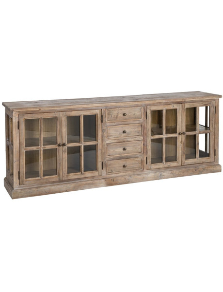 Grand Buffet Enfilade vitrine campagne chic Bas 4 portes 4 tiroirs 220 cm Bois de pin recyclé Naturel Verre Transparent Lysorio 