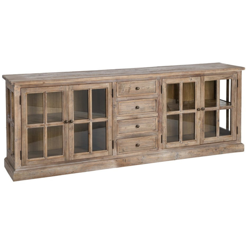 Grand Buffet Enfilade vitrine campagne chic Bas 4 portes 4 tiroirs 220 cm Bois de pin recyclé Naturel Verre Transparent Lysorio 
