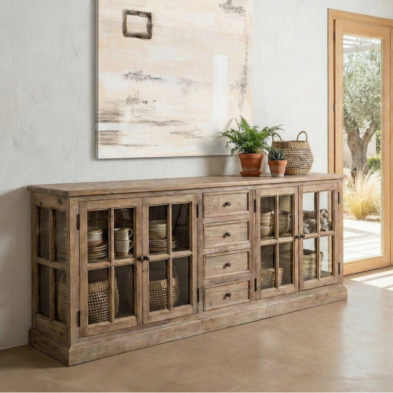 Grand Buffet Enfilade vitrine campagne chic Bas 4 portes 4 tiroirs 220 cm Bois de pin recyclé Naturel Verre Transparent Lysorio 