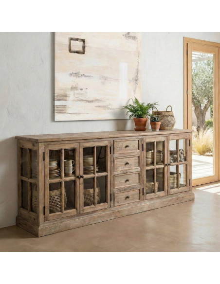 Grand Buffet Enfilade vitrine campagne chic Bas 4 portes 4 tiroirs 220 cm Bois de pin recyclé Naturel Verre Transparent Lysorio 