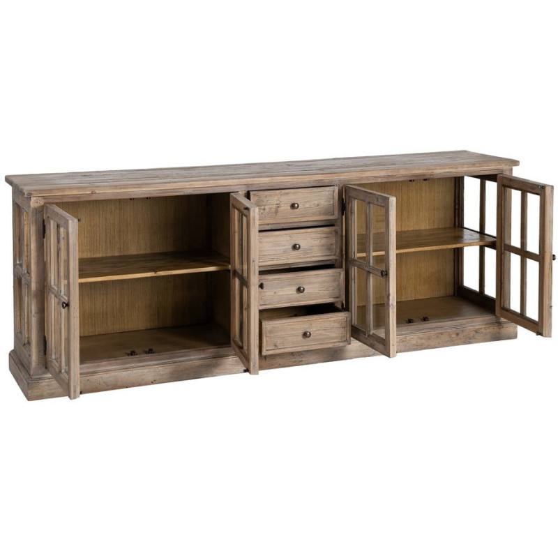 Grand Buffet Enfilade vitrine campagne chic Bas 4 portes 4 tiroirs 220 cm Bois de pin recyclé Naturel Verre Transparent Lysorio 