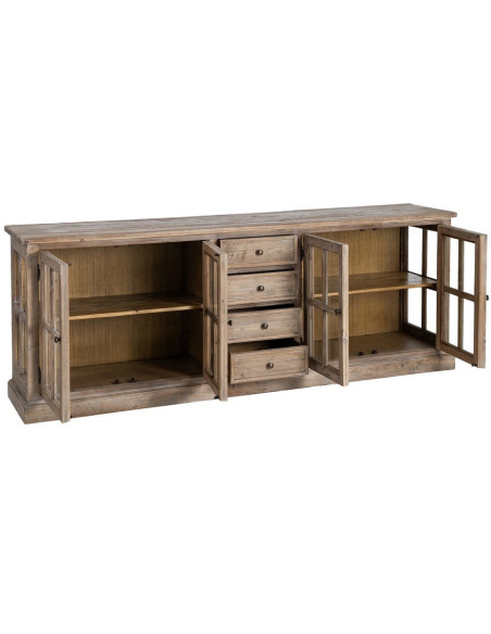Grand Buffet Enfilade vitrine campagne chic Bas 4 portes 4 tiroirs 220 cm Bois de pin recyclé Naturel Verre Transparent Lysorio 
