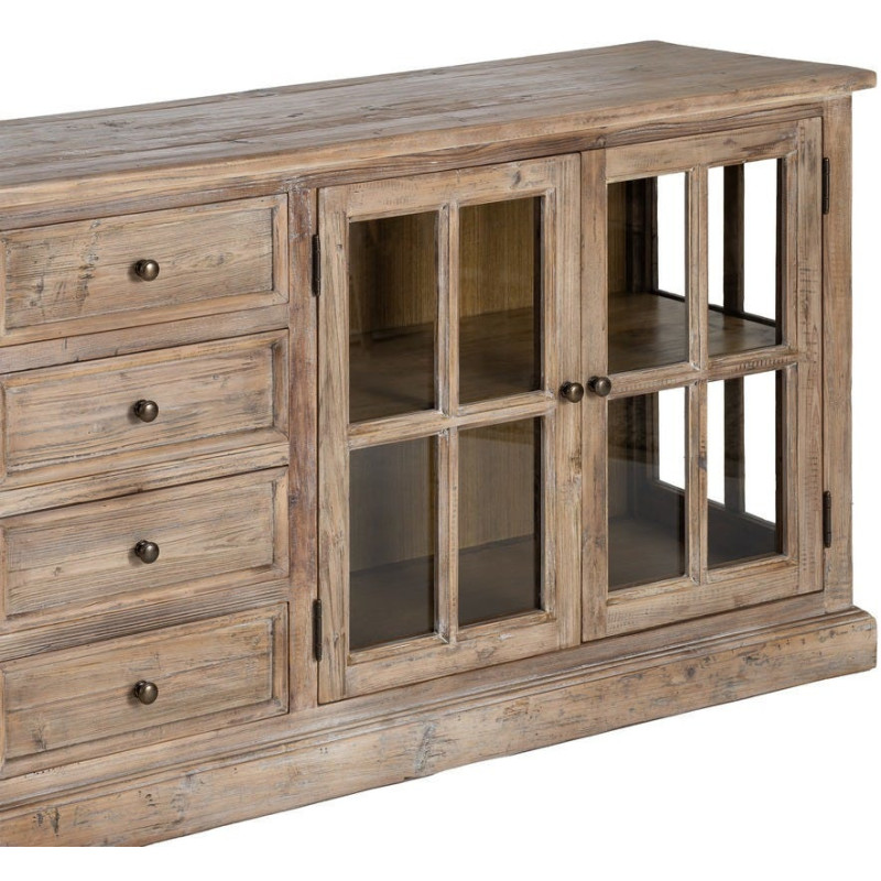 Grand Buffet Enfilade vitrine campagne chic Bas 4 portes 4 tiroirs 220 cm Bois de pin recyclé Naturel Verre Transparent Lysorio 