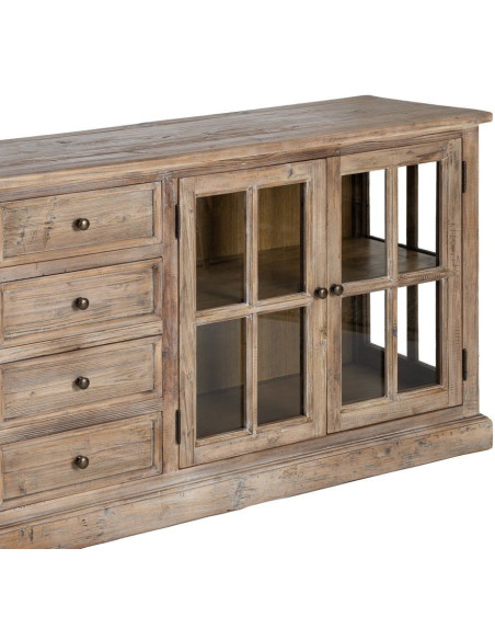 Grand Buffet Enfilade vitrine campagne chic Bas 4 portes 4 tiroirs 220 cm Bois de pin recyclé Naturel Verre Transparent Lysorio 