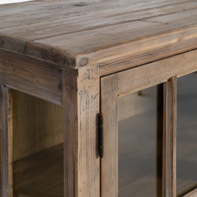 Grand Buffet Enfilade vitrine campagne chic Bas 4 portes 4 tiroirs 220 cm Bois de pin recyclé Naturel Verre Transparent Lysorio 