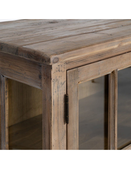 Grand Buffet Enfilade vitrine campagne chic Bas 4 portes 4 tiroirs 220 cm Bois de pin recyclé Naturel Verre Transparent Lysorio 