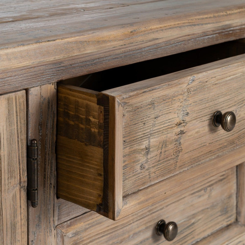 Grand Buffet Enfilade vitrine campagne chic Bas 4 portes 4 tiroirs 220 cm Bois de pin recyclé Naturel Verre Transparent Lysorio 