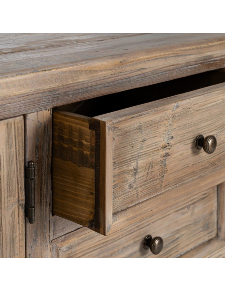 Grand Buffet Enfilade vitrine campagne chic Bas 4 portes 4 tiroirs 220 cm Bois de pin recyclé Naturel Verre Transparent Lysorio 