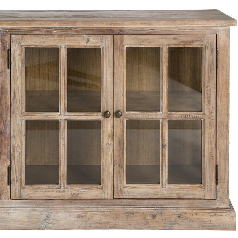 Grand Buffet Enfilade vitrine campagne chic Bas 4 portes 4 tiroirs 220 cm Bois de pin recyclé Naturel Verre Transparent Lysorio 