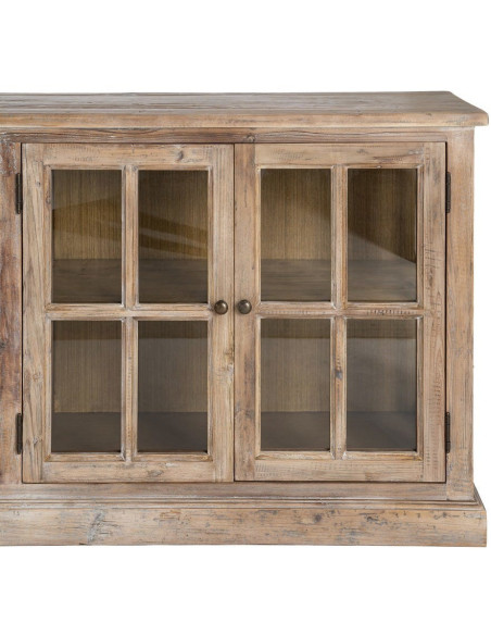Grand Buffet Enfilade vitrine campagne chic Bas 4 portes 4 tiroirs 220 cm Bois de pin recyclé Naturel Verre Transparent Lysorio 