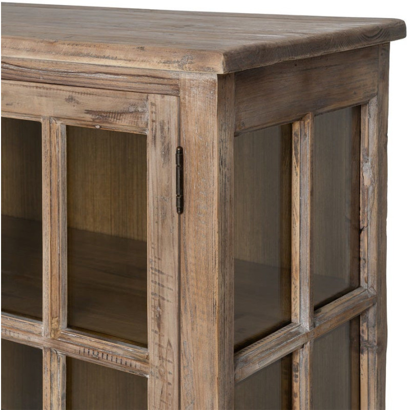 Grand Buffet Enfilade vitrine campagne chic Bas 4 portes 4 tiroirs 220 cm Bois de pin recyclé Naturel Verre Transparent Lysorio 
