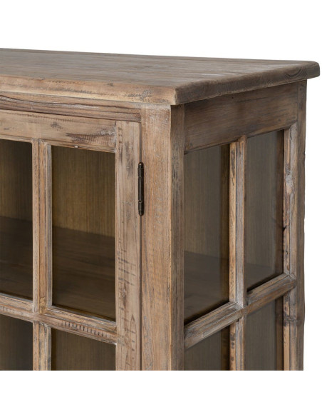 Grand Buffet Enfilade vitrine campagne chic Bas 4 portes 4 tiroirs 220 cm Bois de pin recyclé Naturel Verre Transparent Lysorio 
