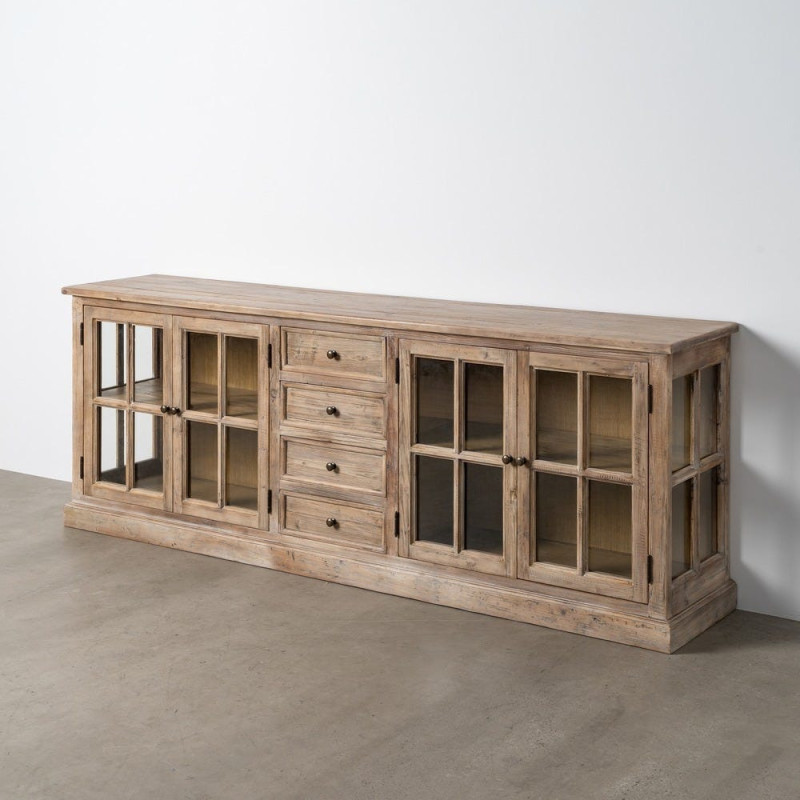 Grand Buffet Enfilade vitrine campagne chic Bas 4 portes 4 tiroirs 220 cm Bois de pin recyclé Naturel Verre Transparent Lysorio 